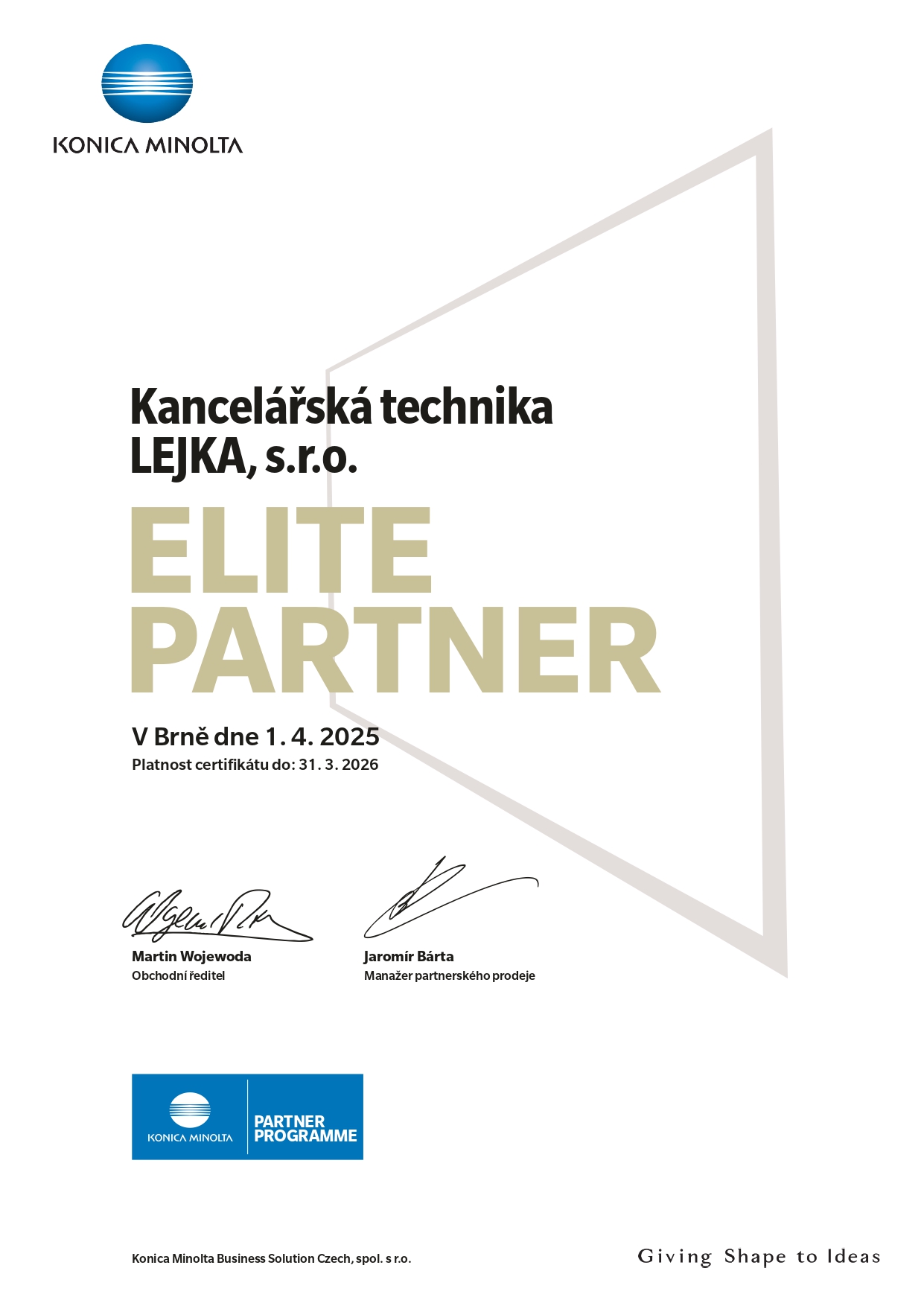 Elite Partner certifikát Konica Minolta 2025 - Kancelářská technika LEJKA, s.r.o.